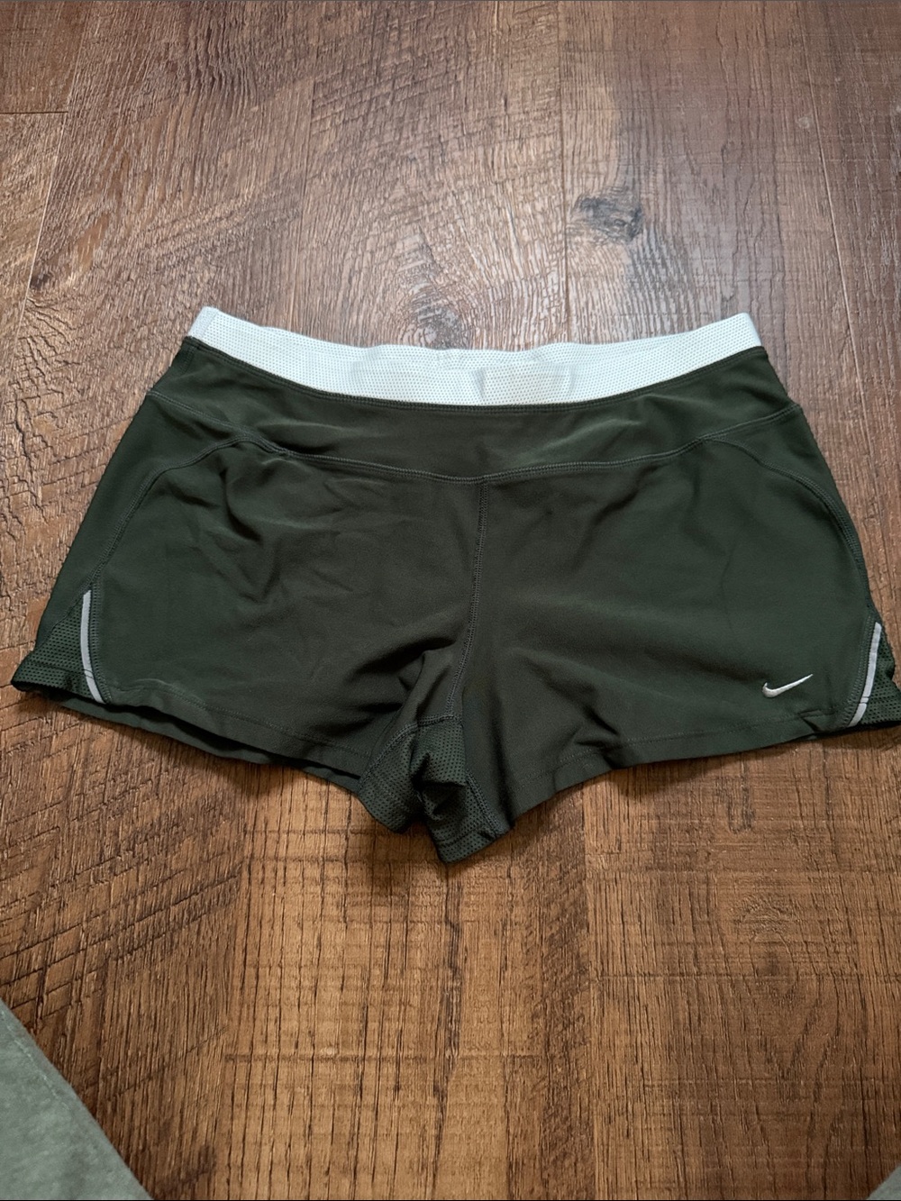 Nike Women's Dark Olive Green Athletic Shorts with White Waistband